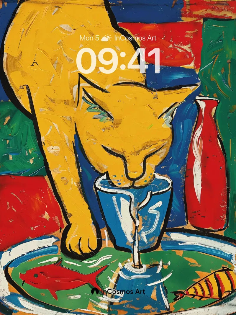 Golden Feline Stillness Wallpaper with Painted Fish wallpaper for iPhone, iPad & Mac