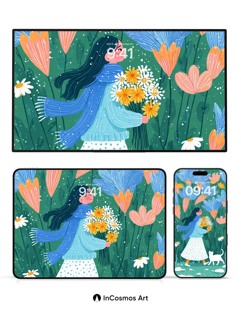 Whispering Bloom Wallpaper with Feline Companion