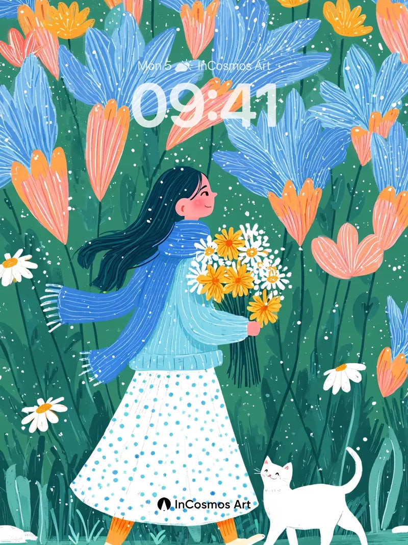 Whispering Bloom Wallpaper with Feline Companion