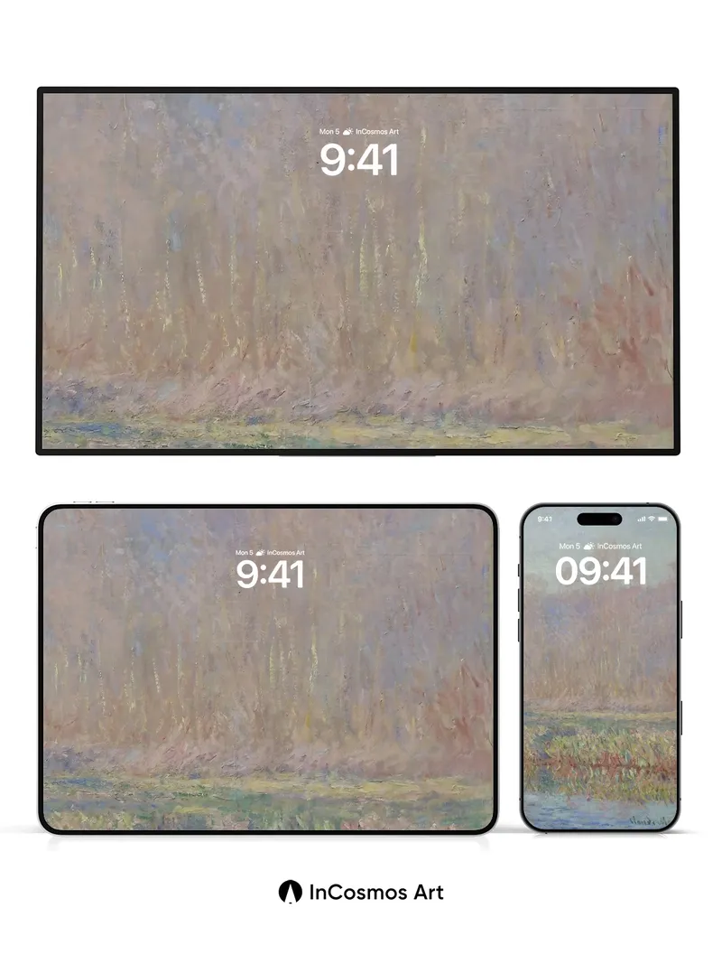 Misty Dawn Wallpaper with Watercolor Trees