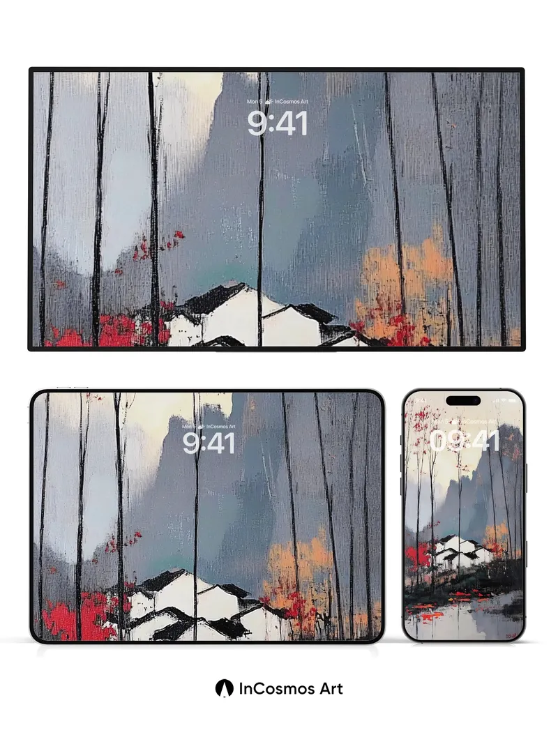 Misty Reverie Wallpaper with Crimson Trees