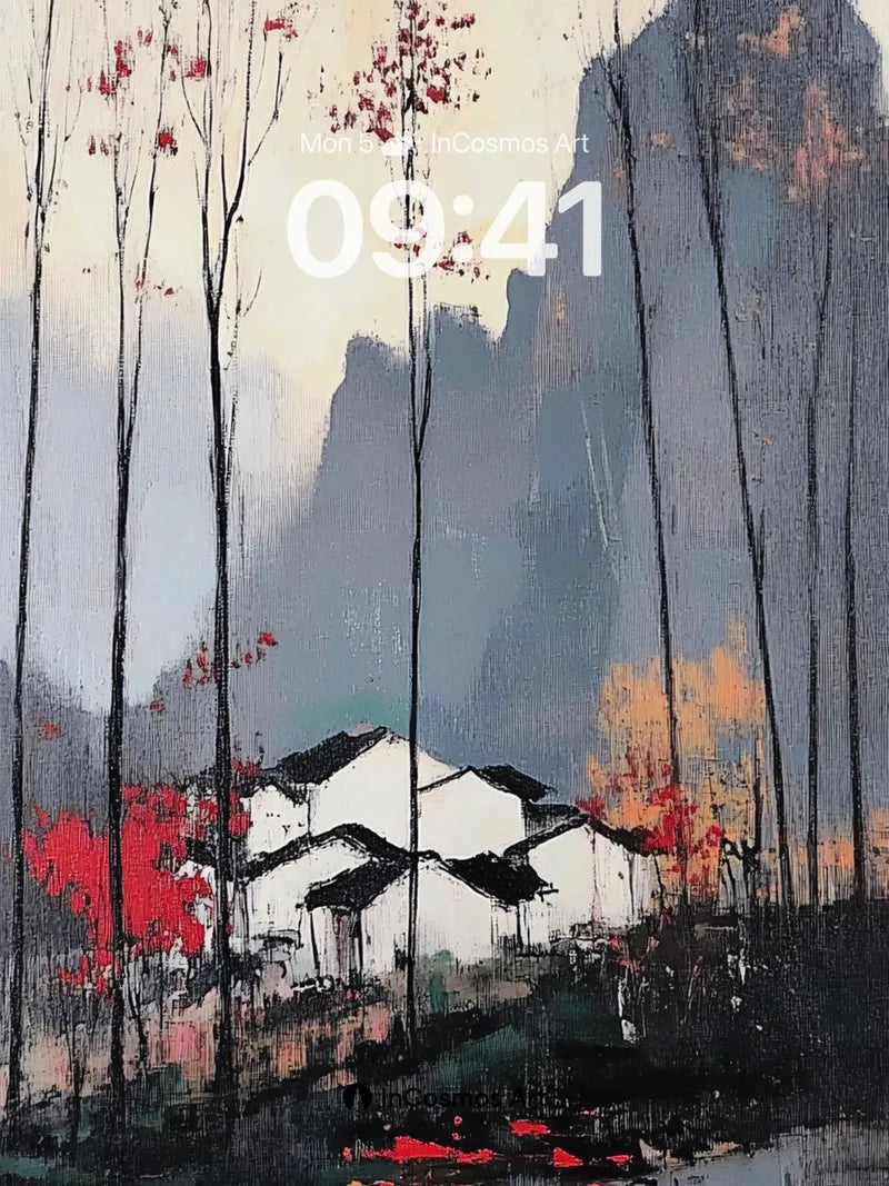 Misty Reverie Wallpaper with Crimson Trees