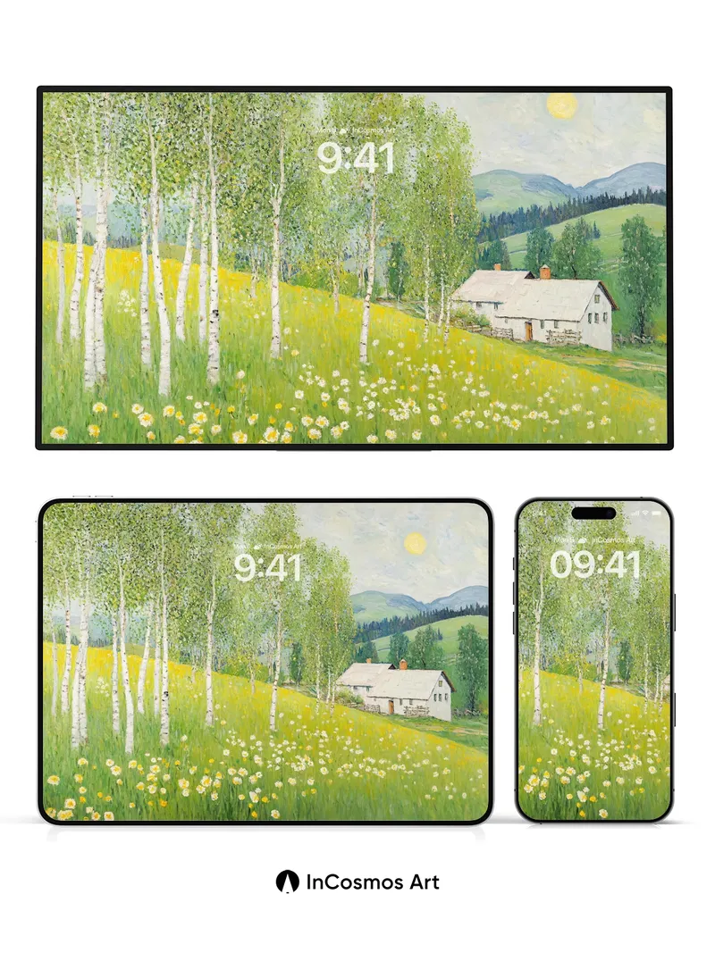 Serenity Birchfield Wallpaper with Sunlit Meadow