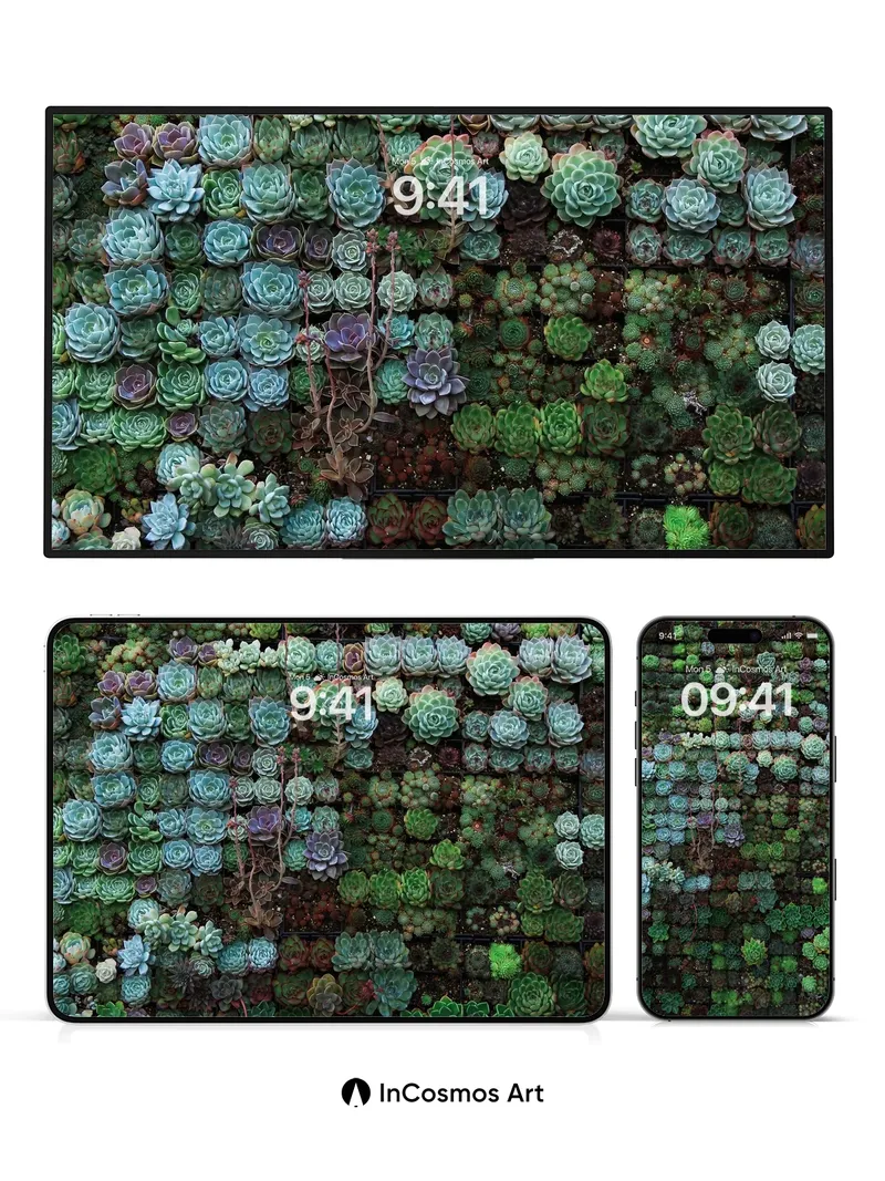 Succulent Tapestry Wallpaper with Living Grid