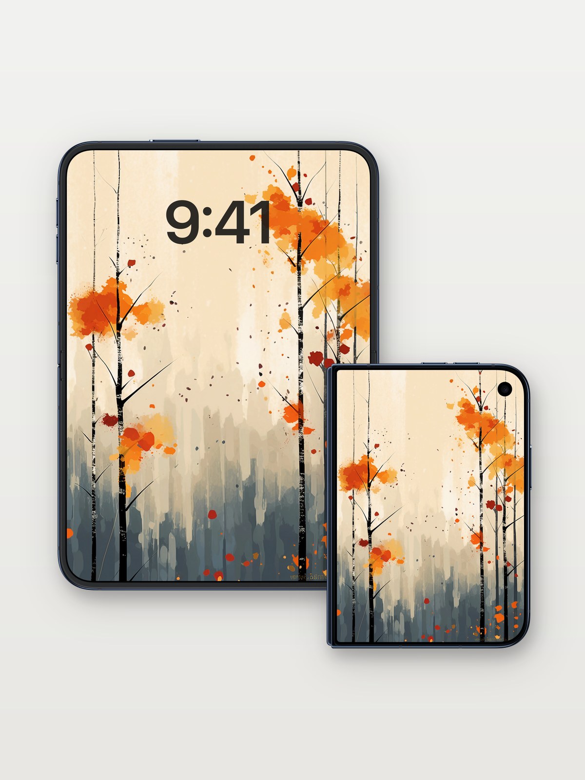 Autumn Whispers Wallpaper with Floating Leaves on iPhone Duo, open and closed