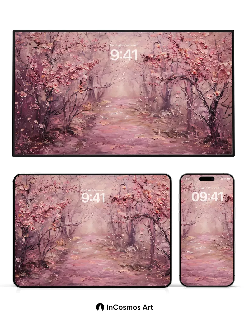 Serene Cherry Path Wallpaper with Soft Light Veil