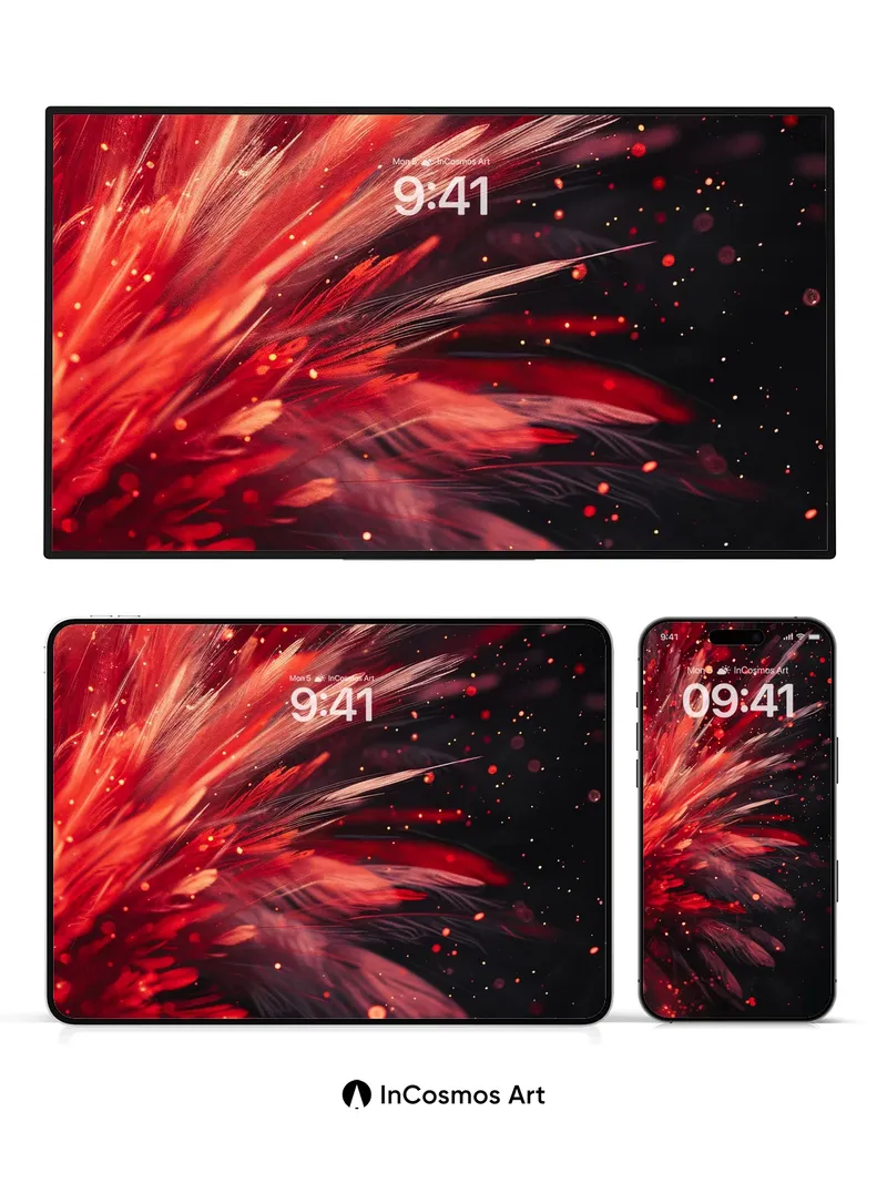 Crimson Feather Explosion Wallpaper with Cosmic Dust