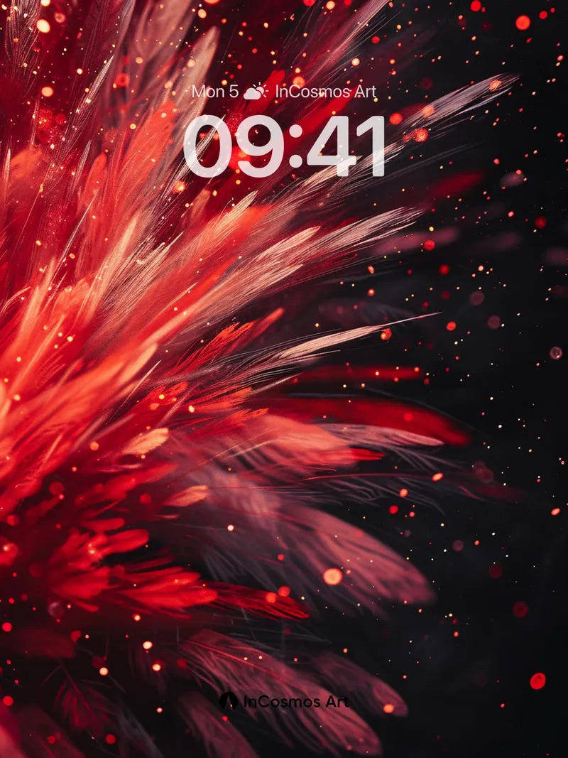 Crimson Feather Explosion Wallpaper with Cosmic Dust