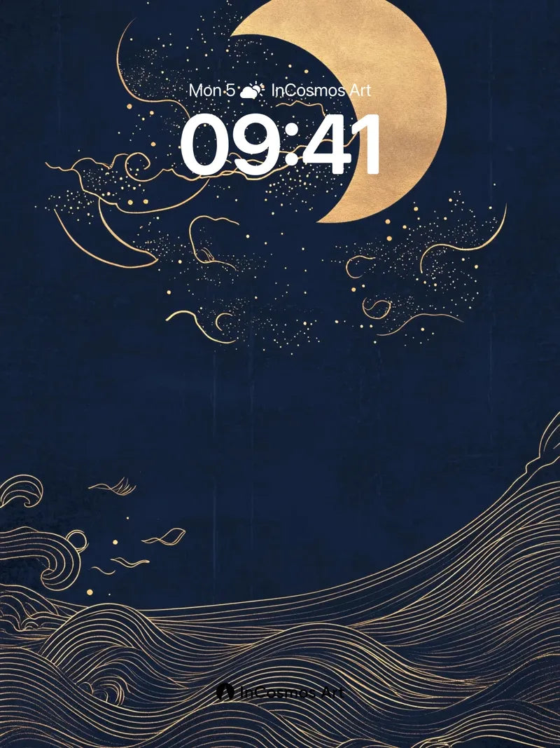 Lunar Whispers Wallpaper with Golden Waves wallpaper for iPhone, iPad & Mac