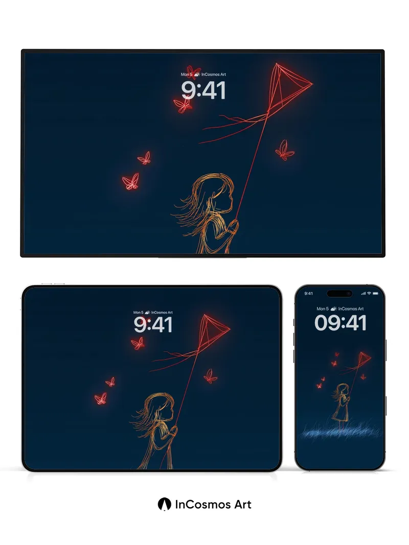 Glowing Kite Silhouette Wallpaper with Floating Butterflies