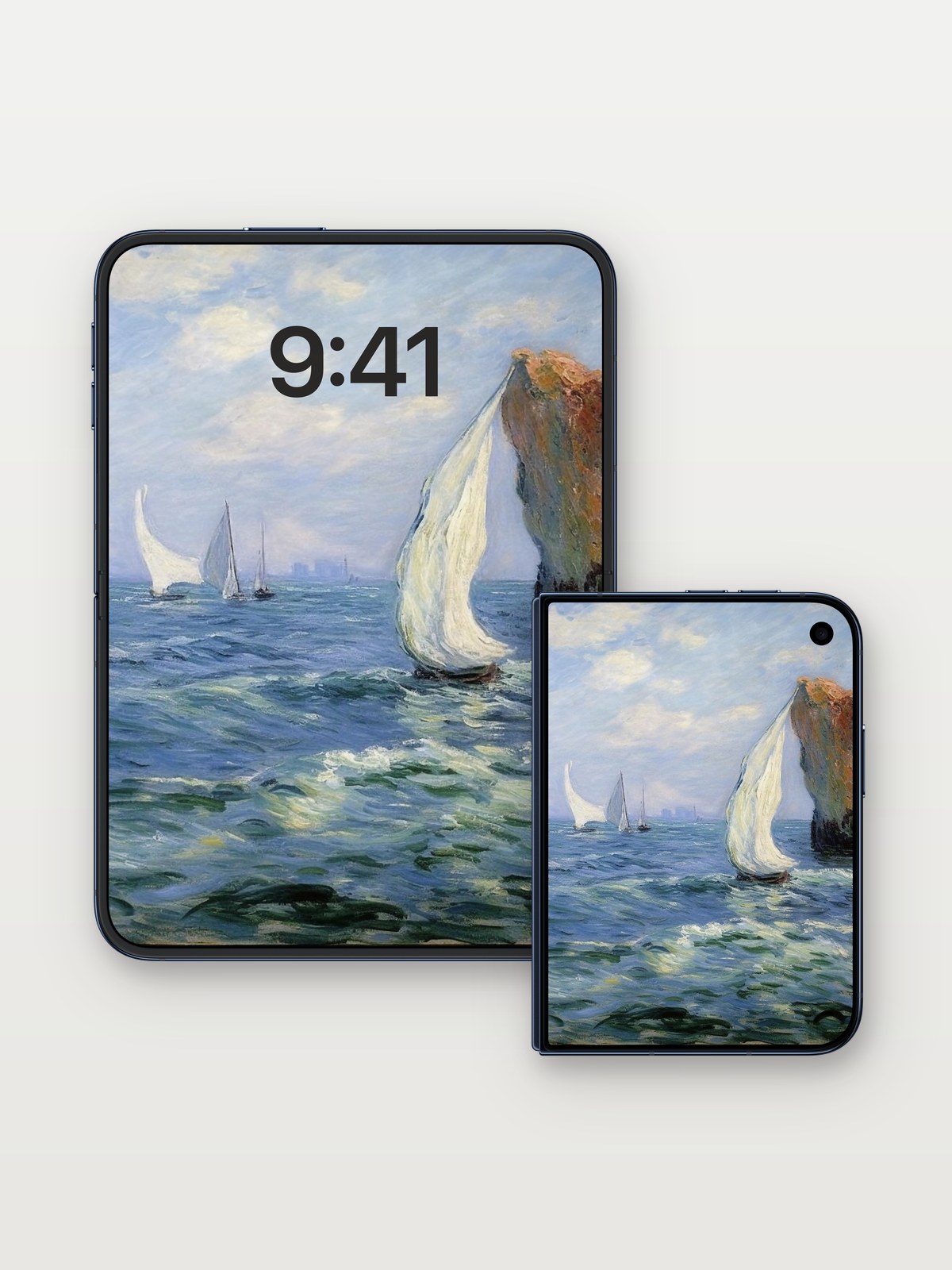 Sail-Lit Sea Wallpaper with Monet's Brush on iPhone Duo, open and closed