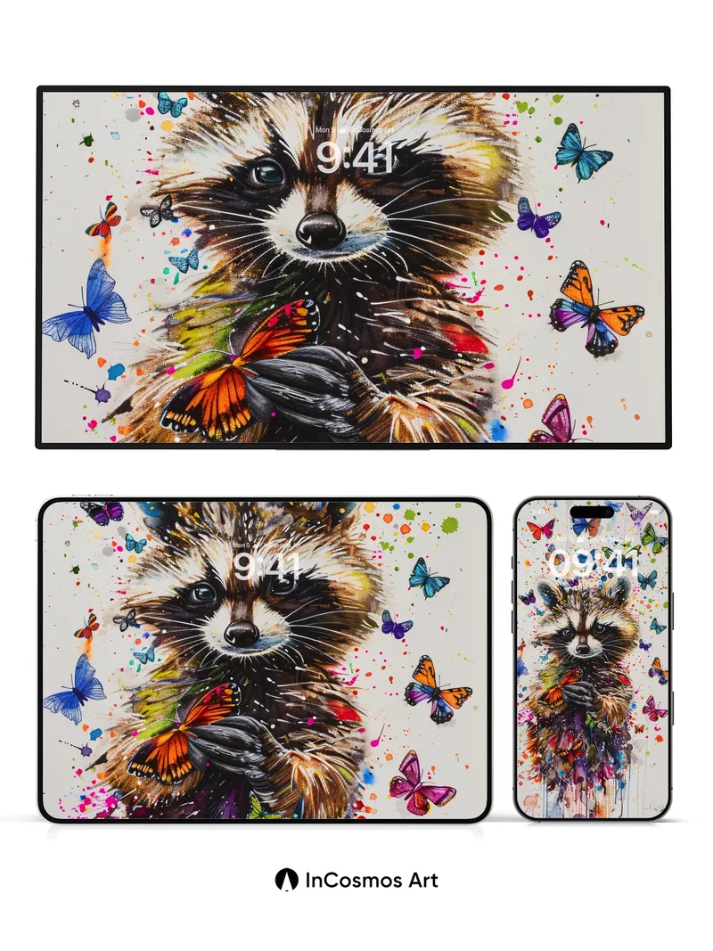 Whimsical Raccoon Wallpaper with Butterflies in Flight