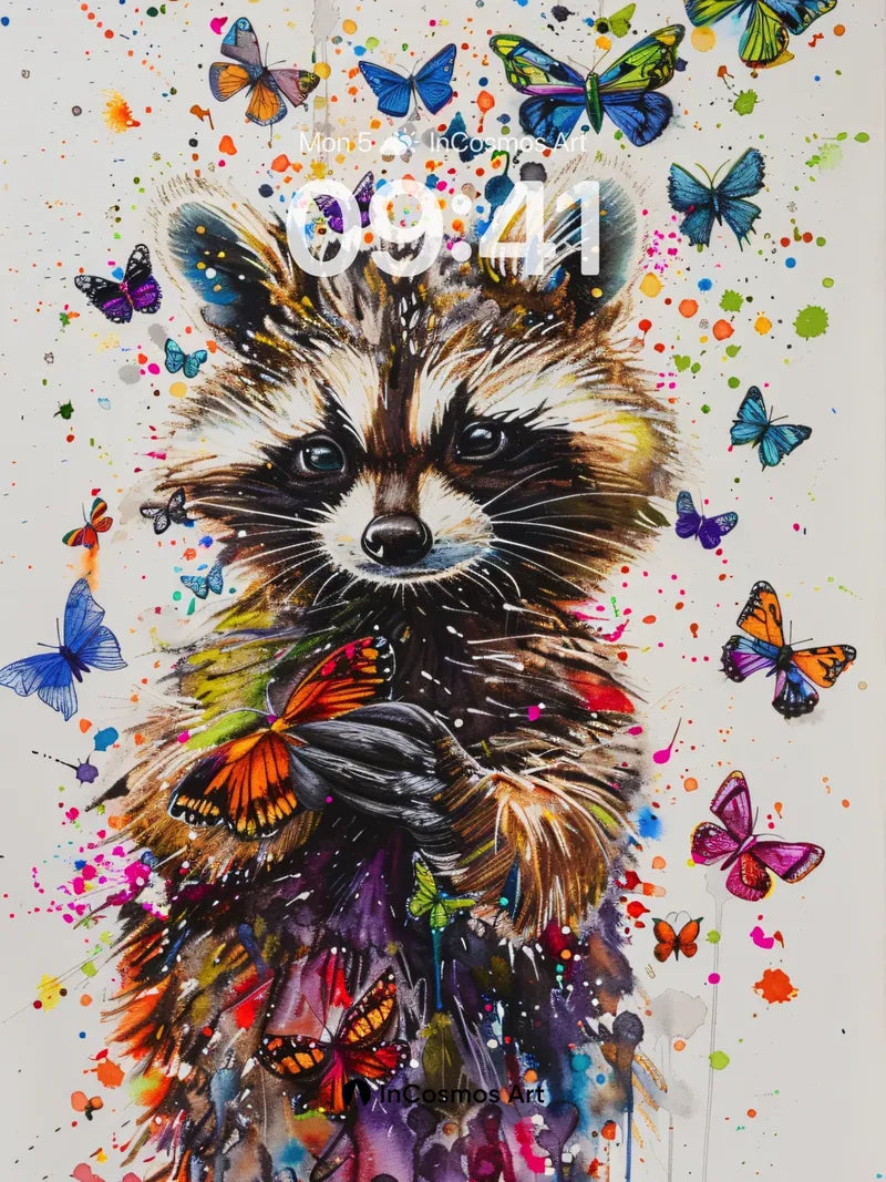 Whimsical Raccoon Wallpaper with Butterflies in Flight