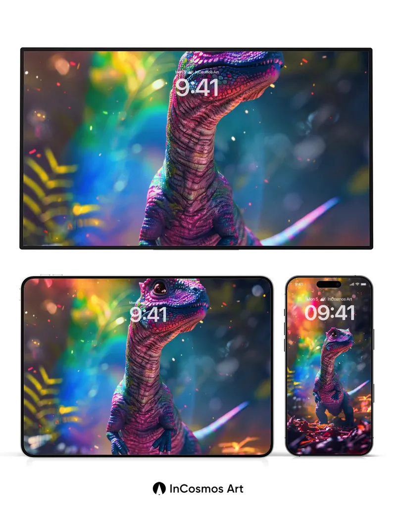 Rainbow Dino Wallpaper with Glowing Forest