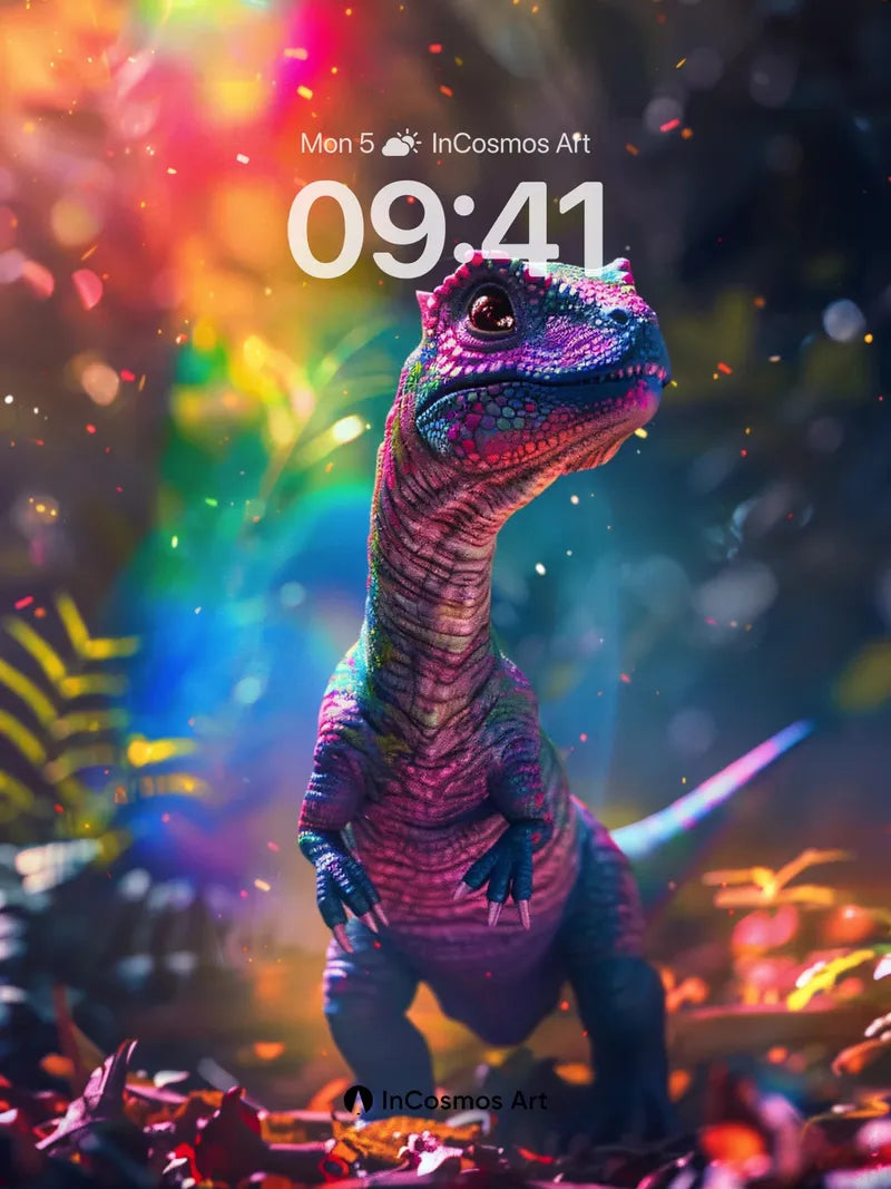 Rainbow Dino Wallpaper with Glowing Forest