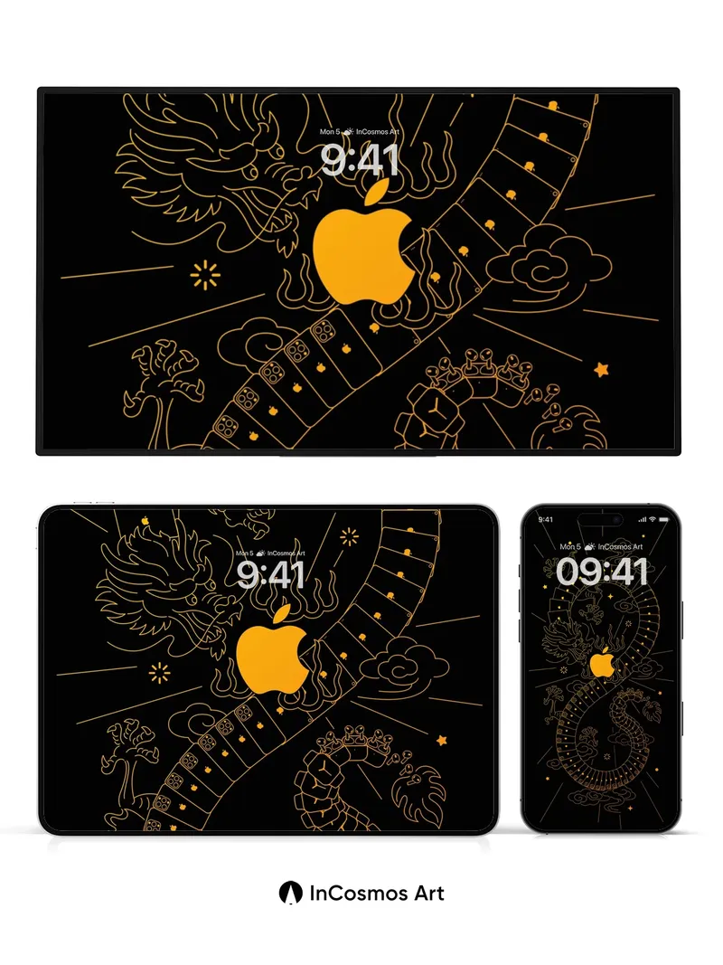 Golden Dragon Circuit Wallpaper with Cosmic Apple