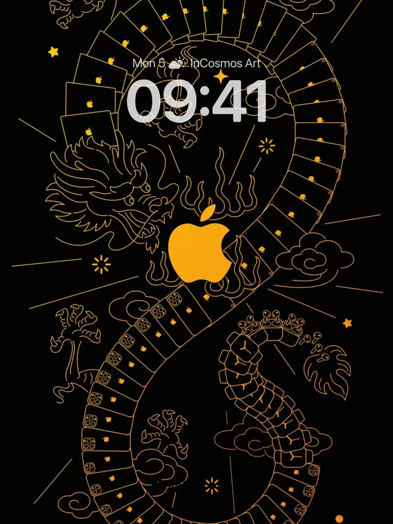 Golden Dragon Circuit Wallpaper with Cosmic Apple