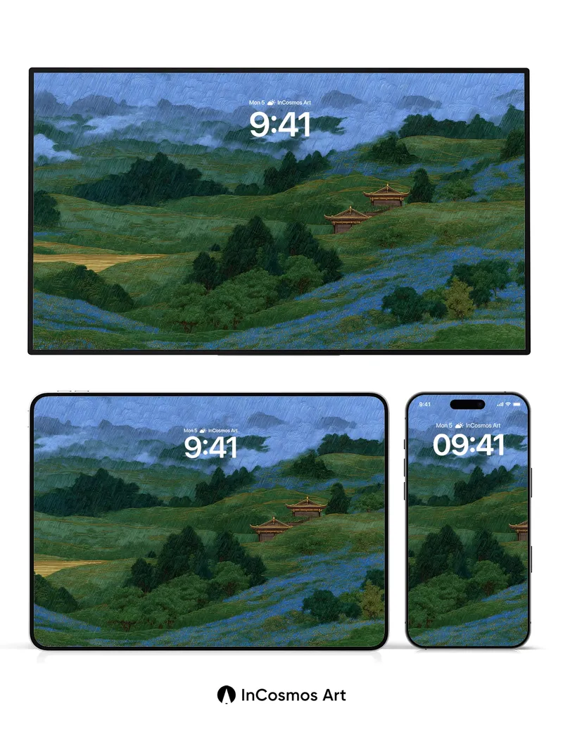 Serenity Ridge Wallpaper with Rain-Drenched Pavilions