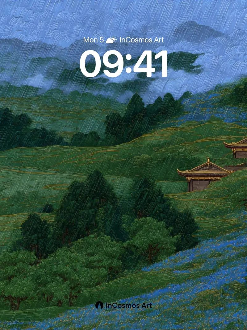 Serenity Ridge Wallpaper with Rain-Drenched Pavilions