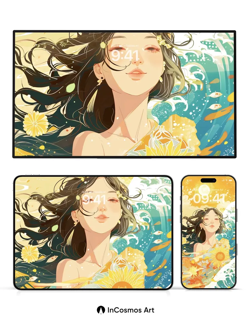 Sunlit Serenity Wallpaper with Hokusai Waves