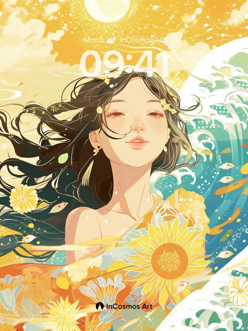 Sunlit Serenity Wallpaper with Hokusai Waves