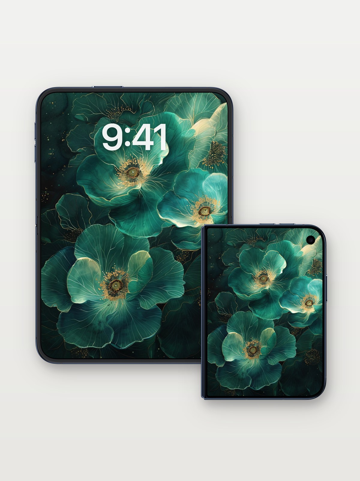 Emerald Reverie Wallpaper with Golden Veins on iPhone Duo, open and closed