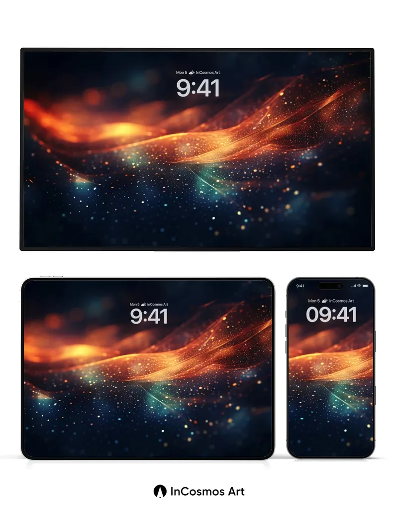 Cosmic Ember Wallpaper with Floating Light Trails