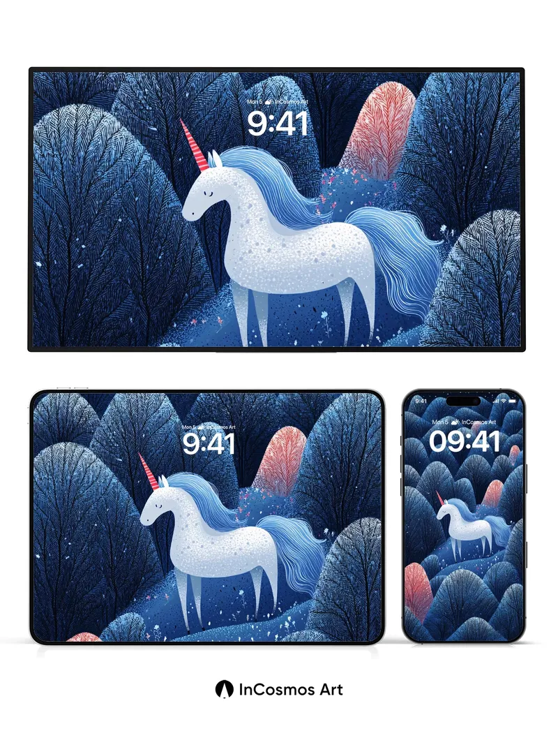 Snowfall Unicorn Wallpaper with Crimson Canopy