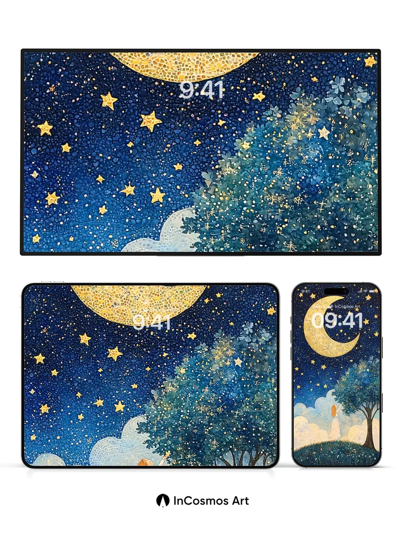 Starry Reverie Wallpaper with Moonlit Tree