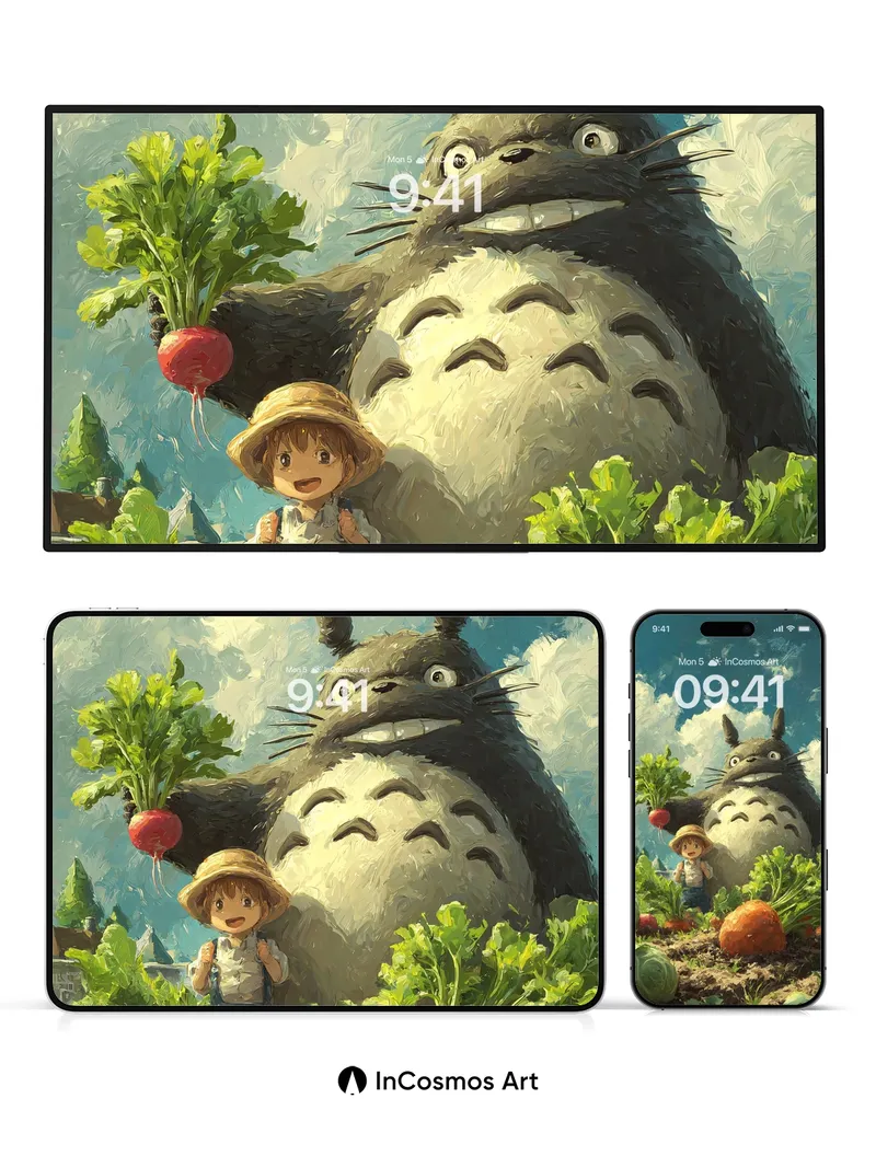 Whimsical Garden Wallpaper with Totoro's Gentle Gaze