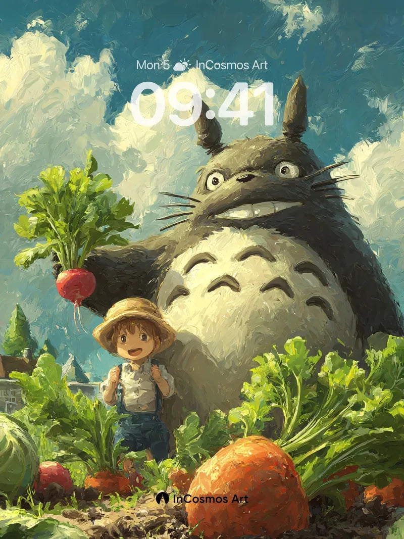 Whimsical Garden Wallpaper with Totoro's Gentle Gaze