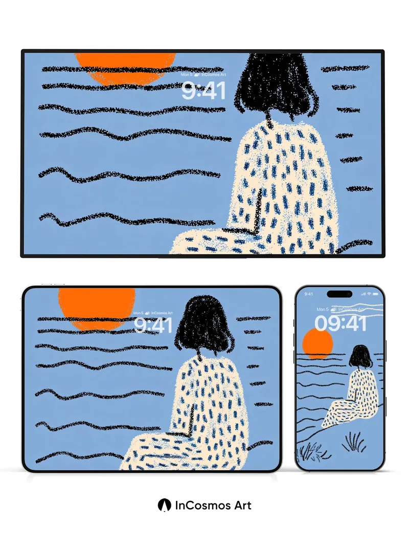 Serenity Sunset Wallpaper with Textured Waves