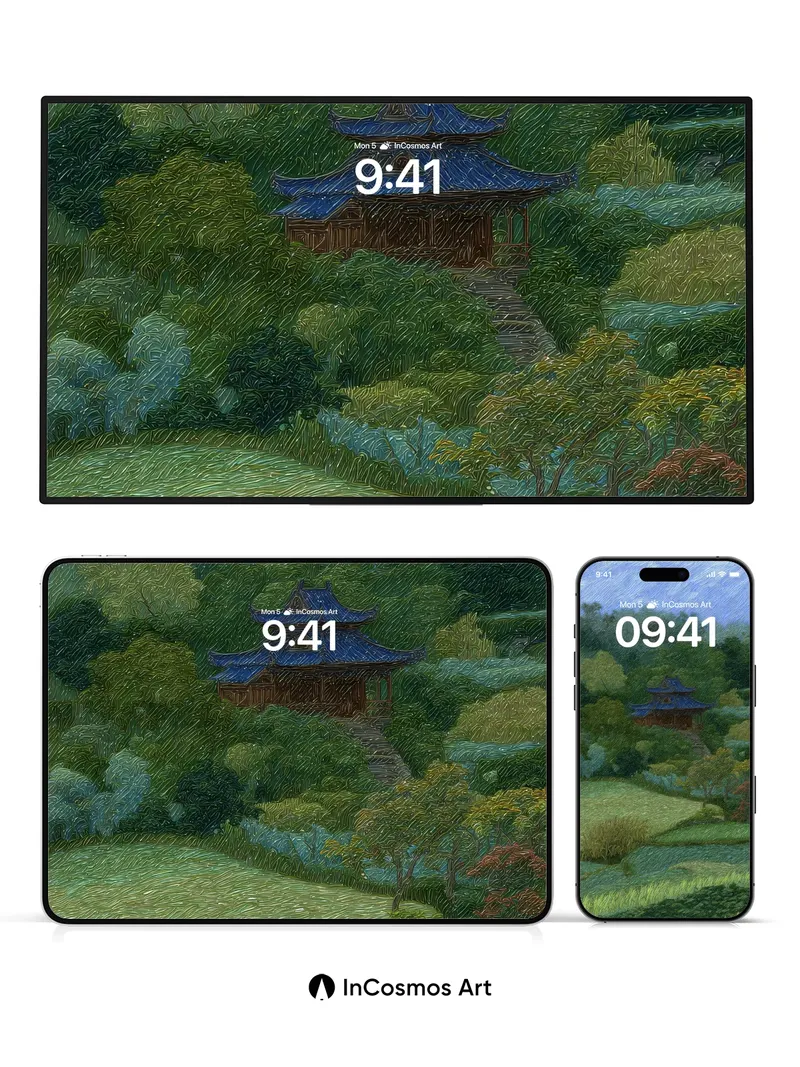 Serenity Pavilion Wallpaper with Rain-Textured Brushwork