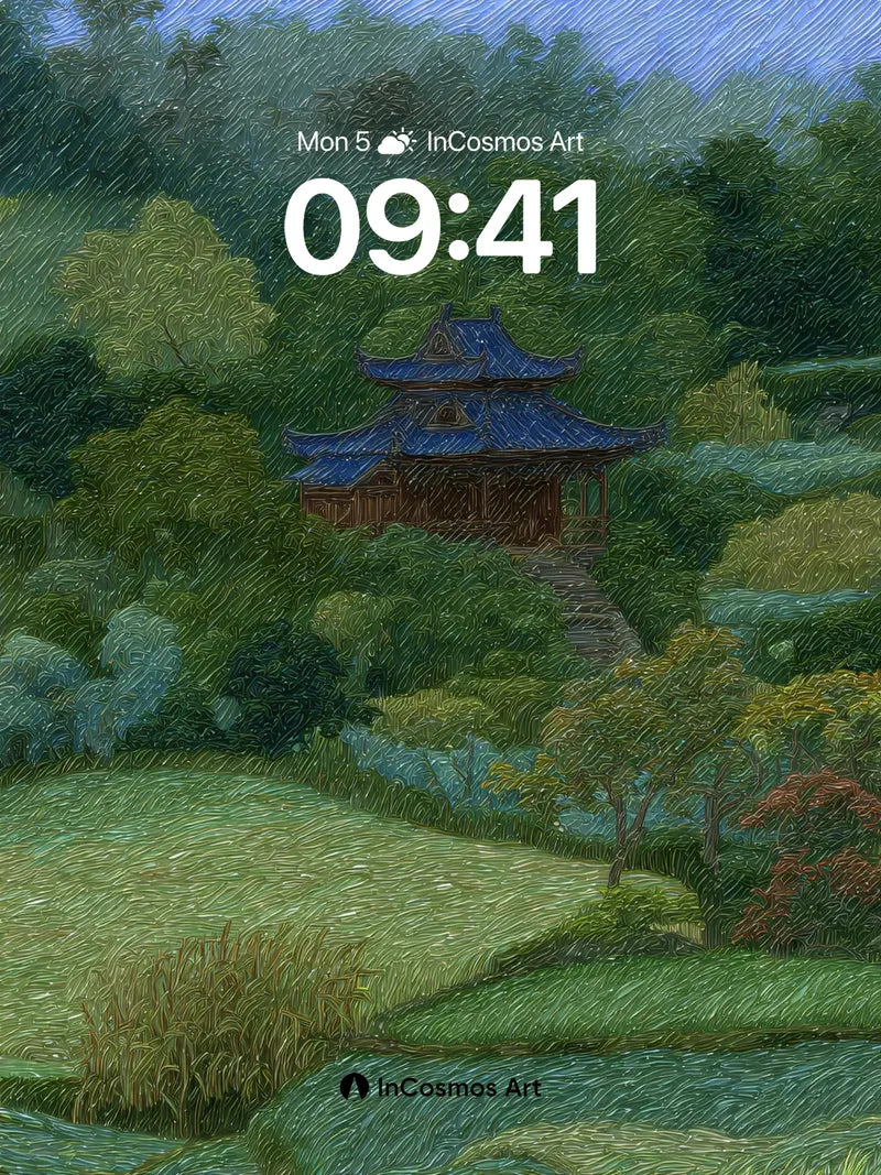 Serenity Pavilion Wallpaper with Rain-Textured Brushwork