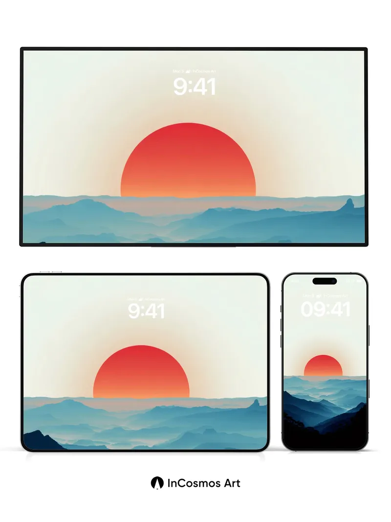 Crimson Horizon Wallpaper with Mist-Covered Peaks