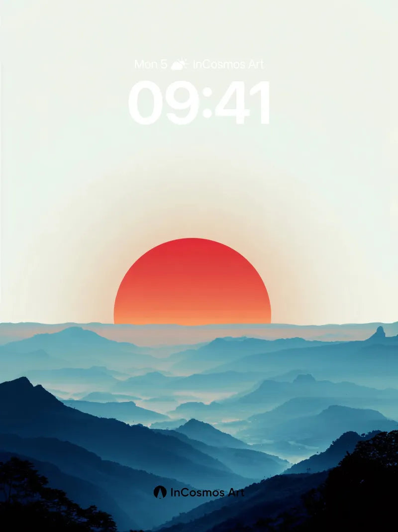 Crimson Horizon Wallpaper with Mist-Covered Peaks