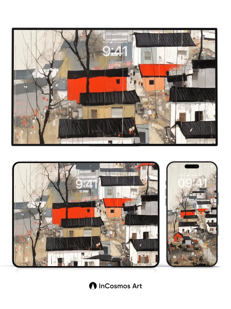 Rain-Slicked Village Wallpaper with Crimson Accents