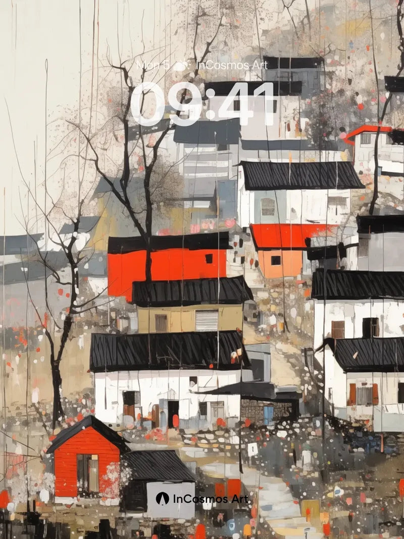 Rain-Slicked Village Wallpaper with Crimson Accents