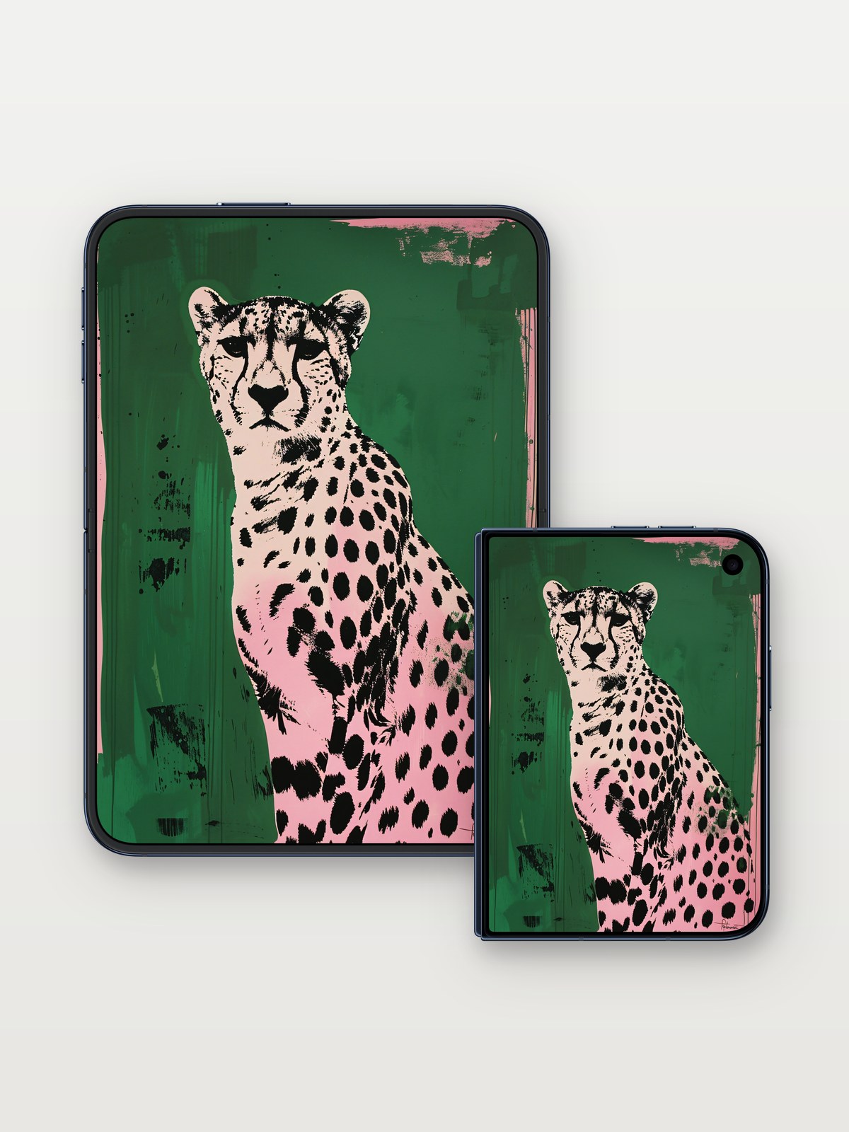 Bold Cheetah Wallpaper with Pop Art Edge on iPhone Duo, open and closed