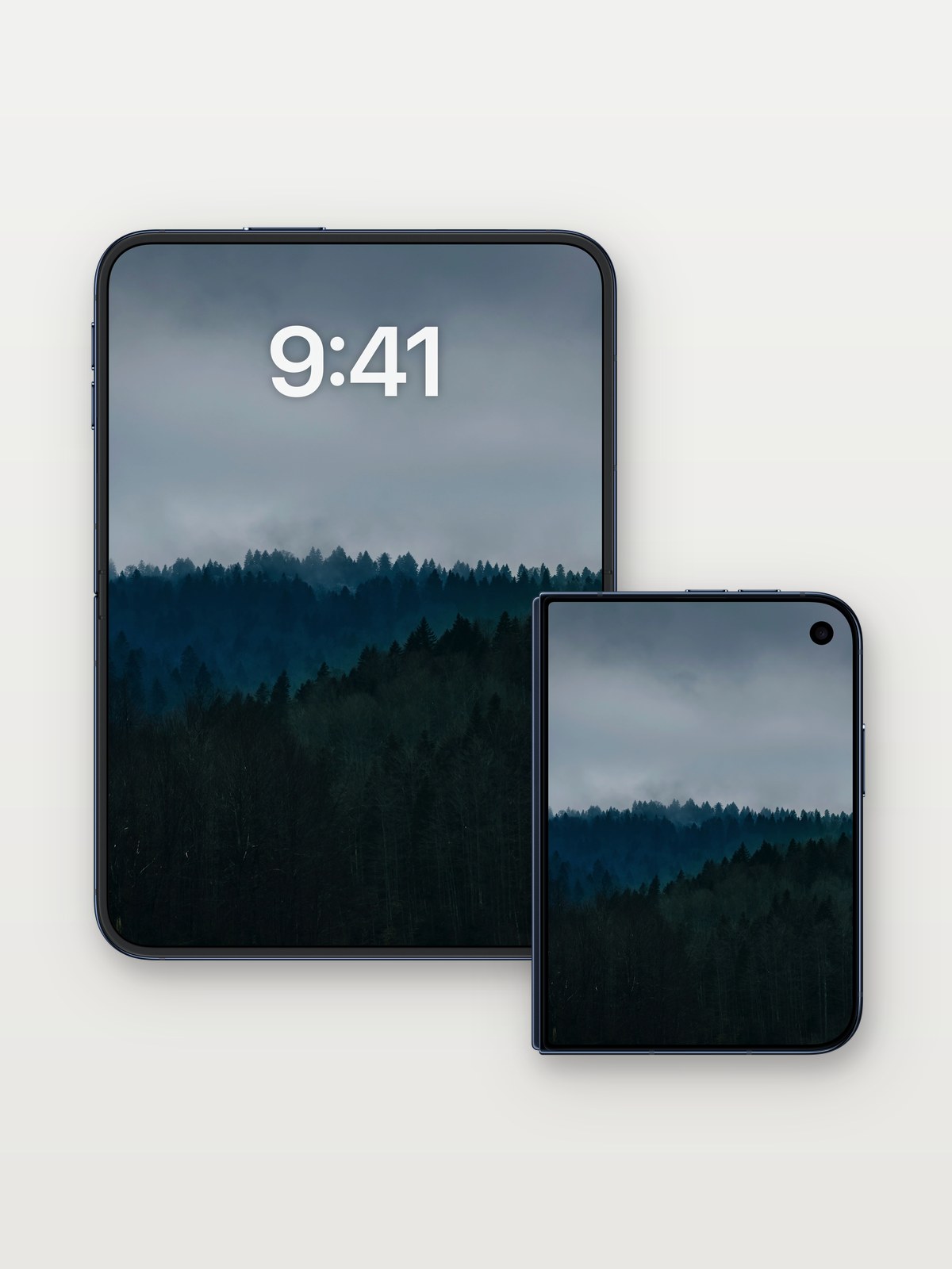 Misty Silence Wallpaper with Forest Whispers on iPhone Duo, open and closed