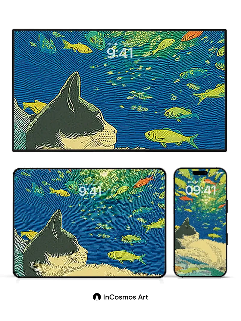 Surreal Abyss Wallpaper with Cat and Fish Constellation