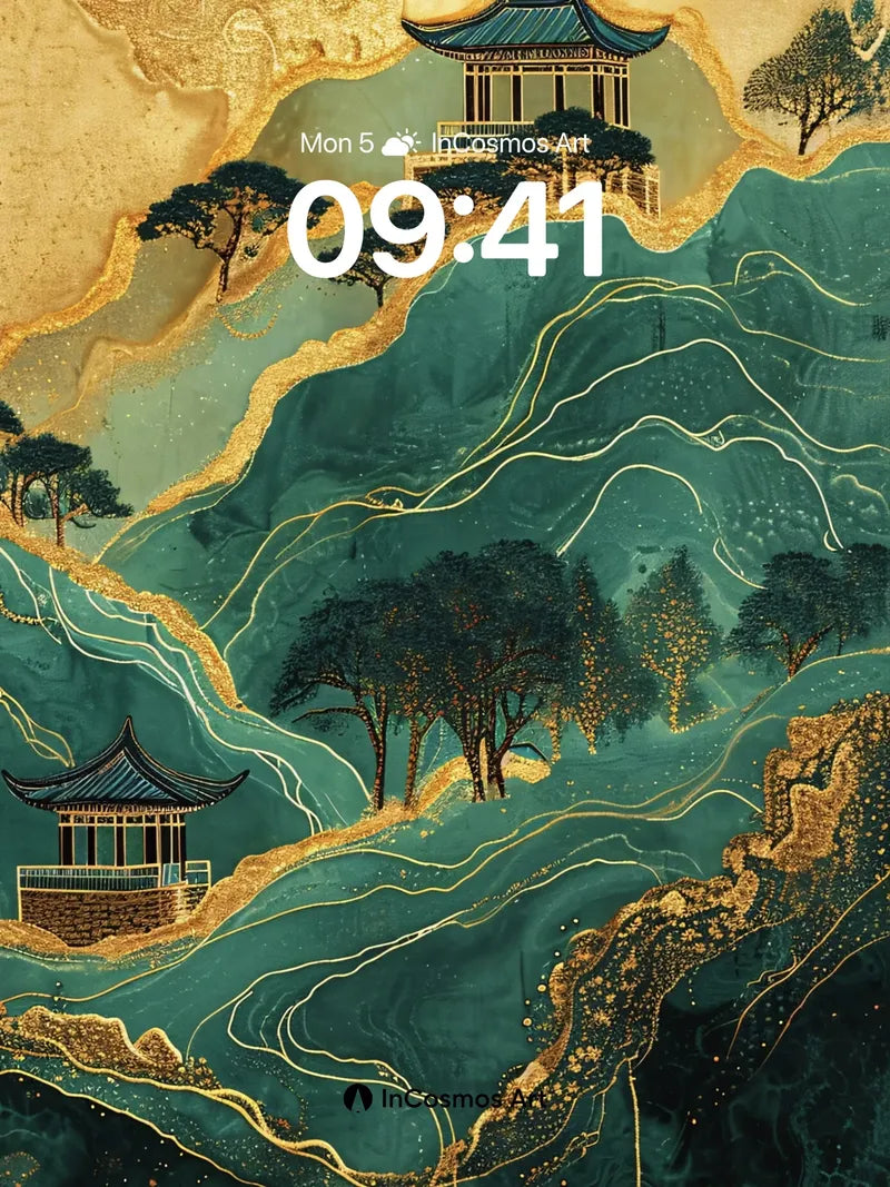 Golden Vein Wallpaper with Floating Pavilions wallpaper for iPhone, iPad & Mac