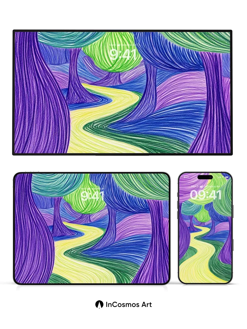 Whimsical Forest Wallpaper with Swirling Canopy