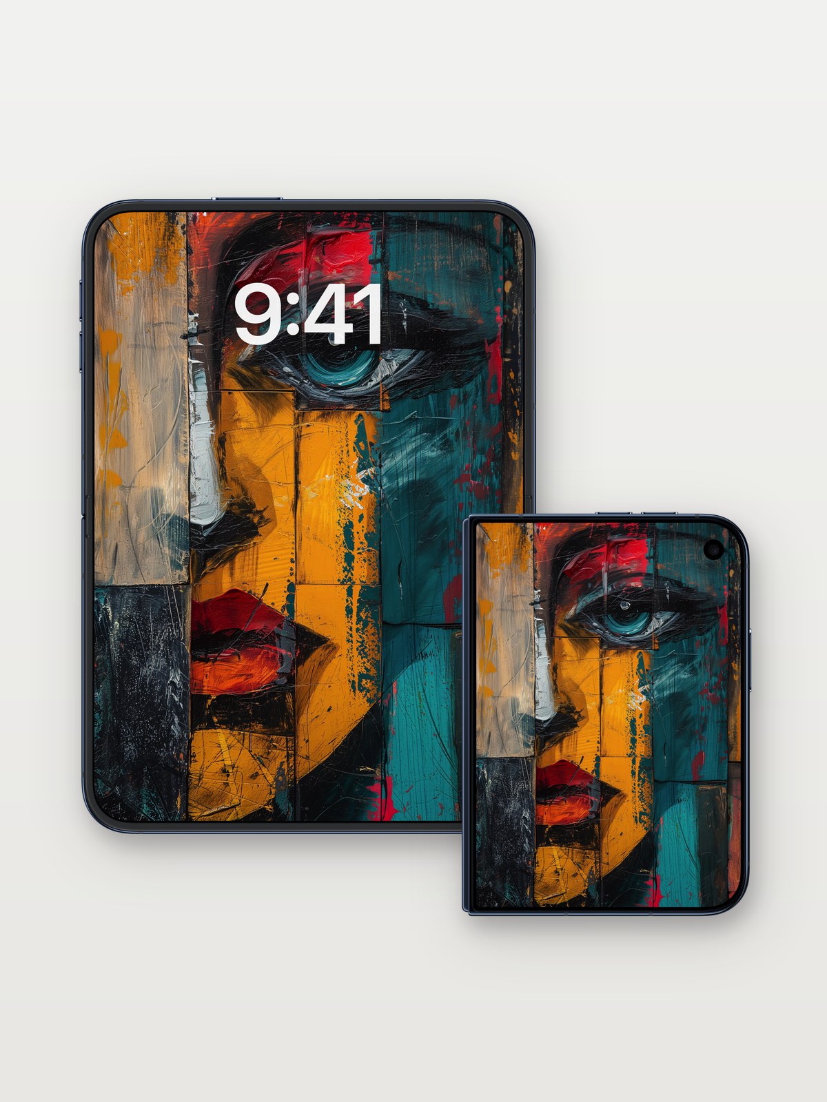Cubist Gaze Wallpaper with Painted Panels on iPhone Duo, open and closed