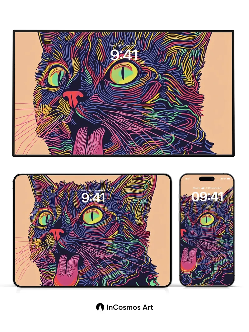 Psychedelic Cat Wallpaper with Neon Lines