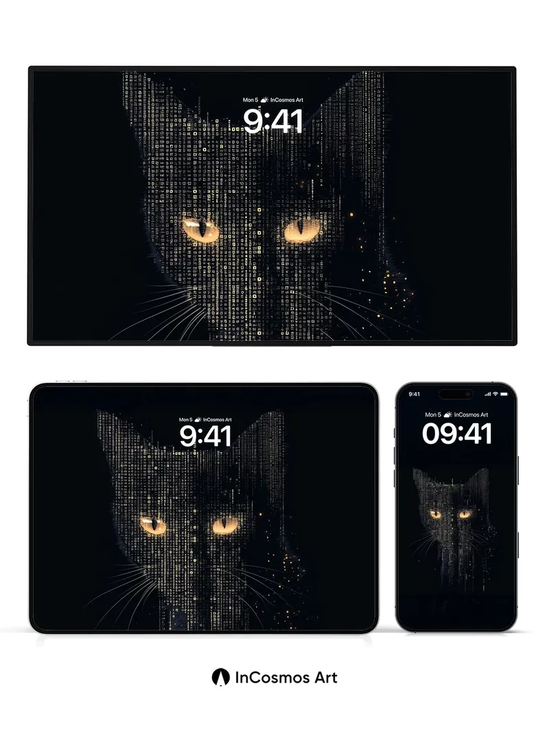 Matrix Whispers Wallpaper with Digital Feline Gaze