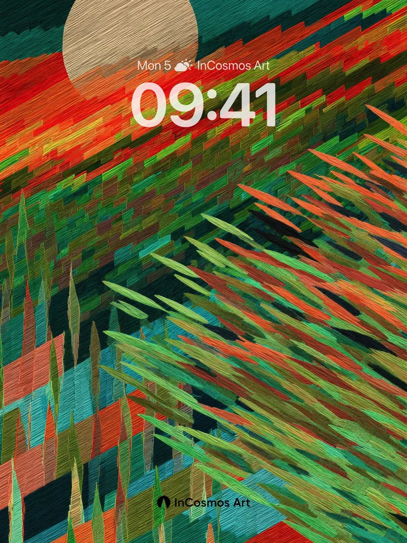 Fiery Horizon Wallpaper with Embroidered Grass