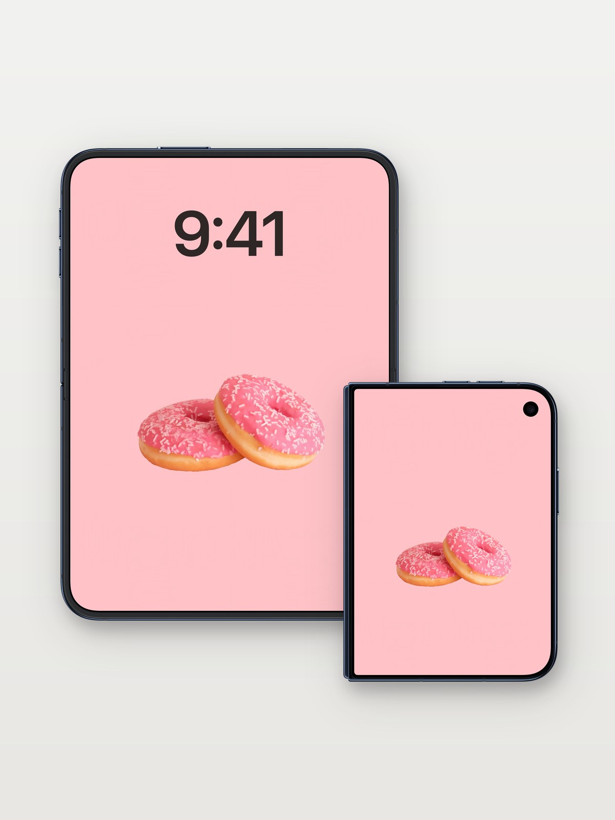 Playful Pink Donut Wallpaper with Sprinkle Texture on iPhone Duo, open and closed