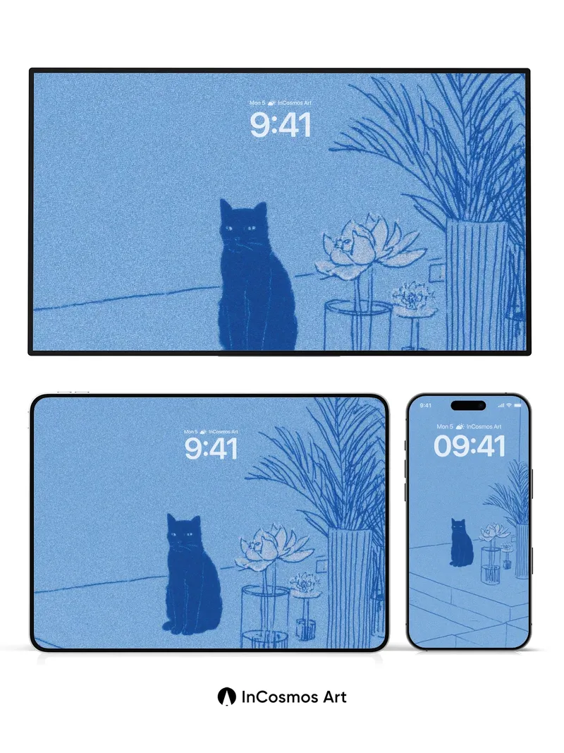 Calm Blue Hush Wallpaper with Silent Cat