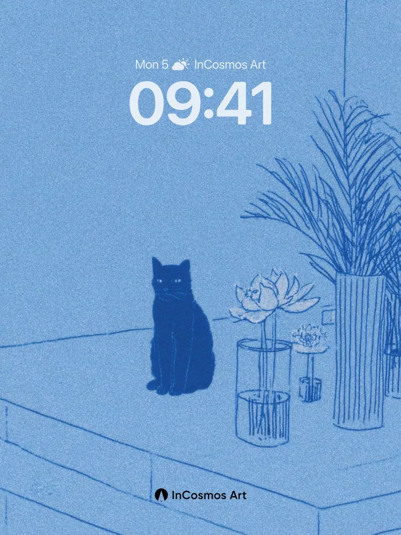 Calm Blue Hush Wallpaper with Silent Cat